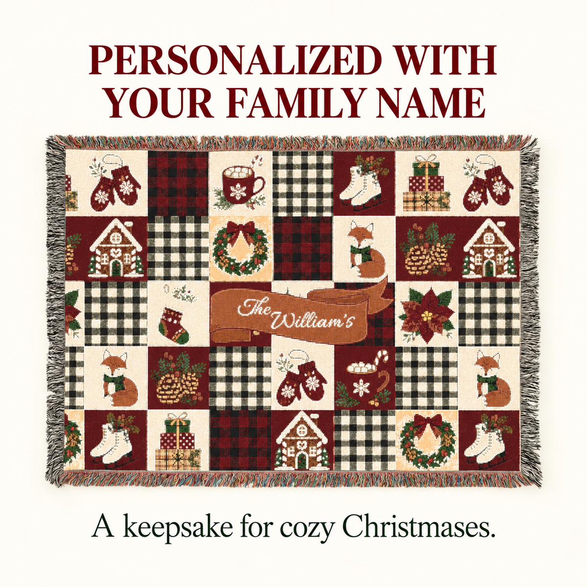 Personalized Christmas Family Name Woven Throw Blanket