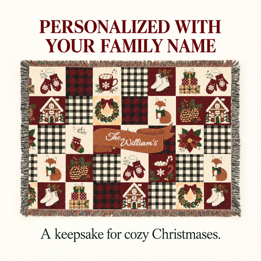 Personalized Christmas Family Name Woven Throw Blanket
