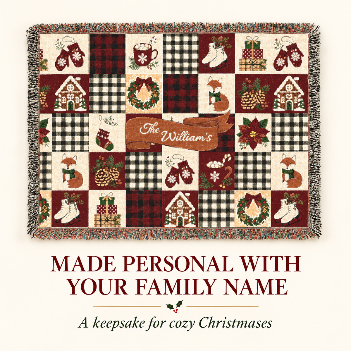 Personalized Christmas Family Name Woven Throw Blanket
