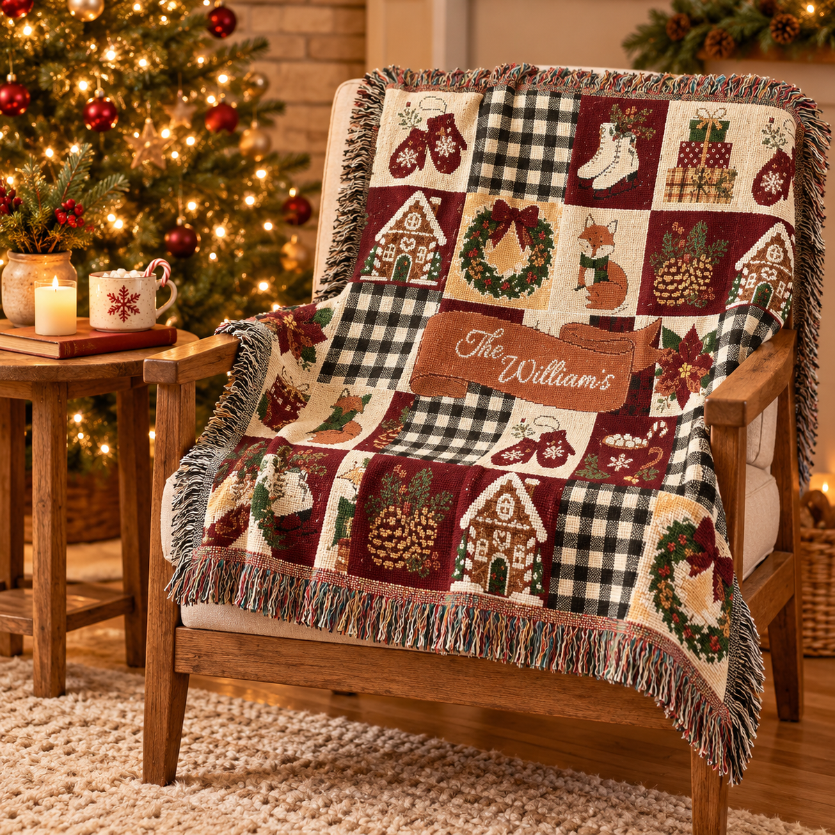 Personalized Christmas Family Name Woven Throw Blanket