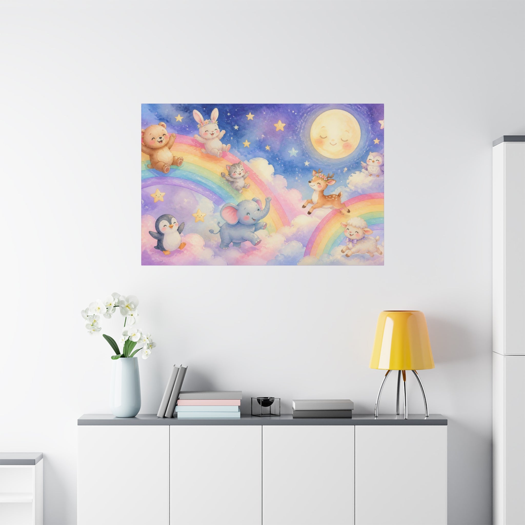 Sleepy Moon and Rainbow Animals Matte Canvas