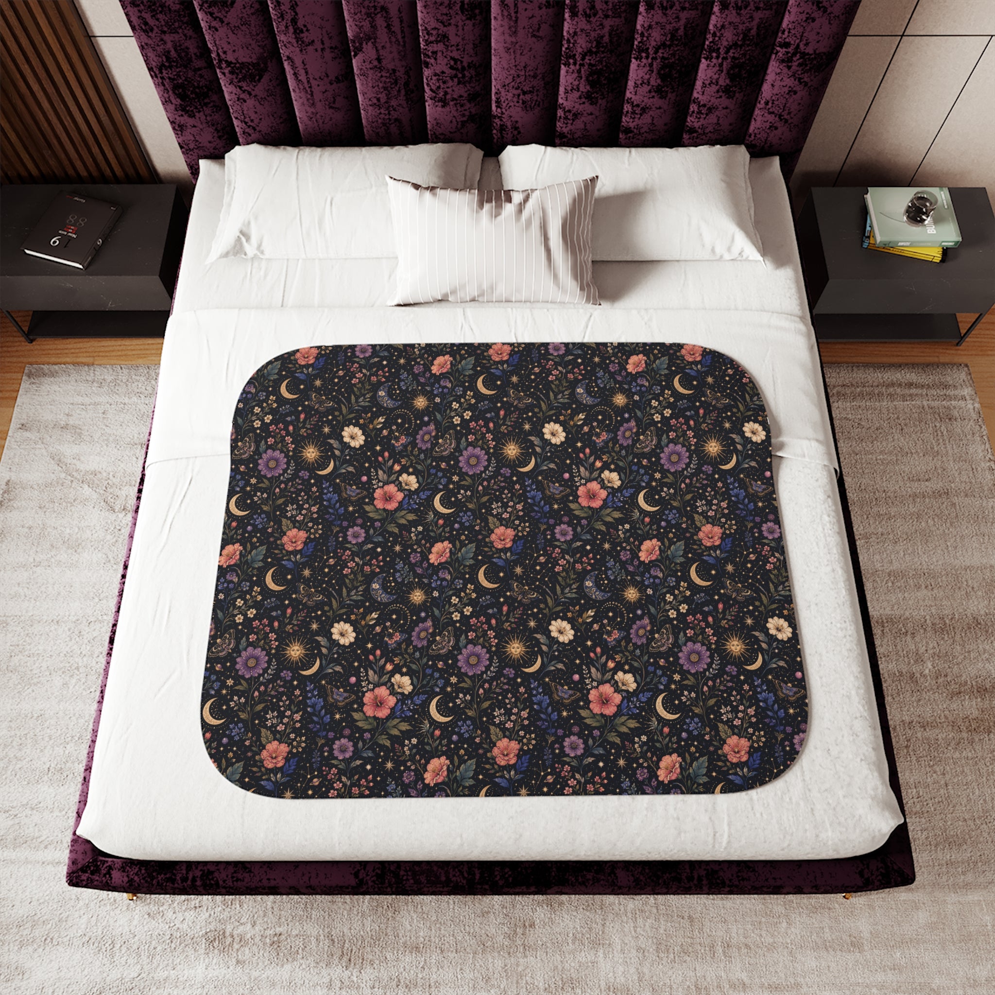 Celestial Floral Pattern Sherpa Blanket | Moon and Flowers | Grey White Tan