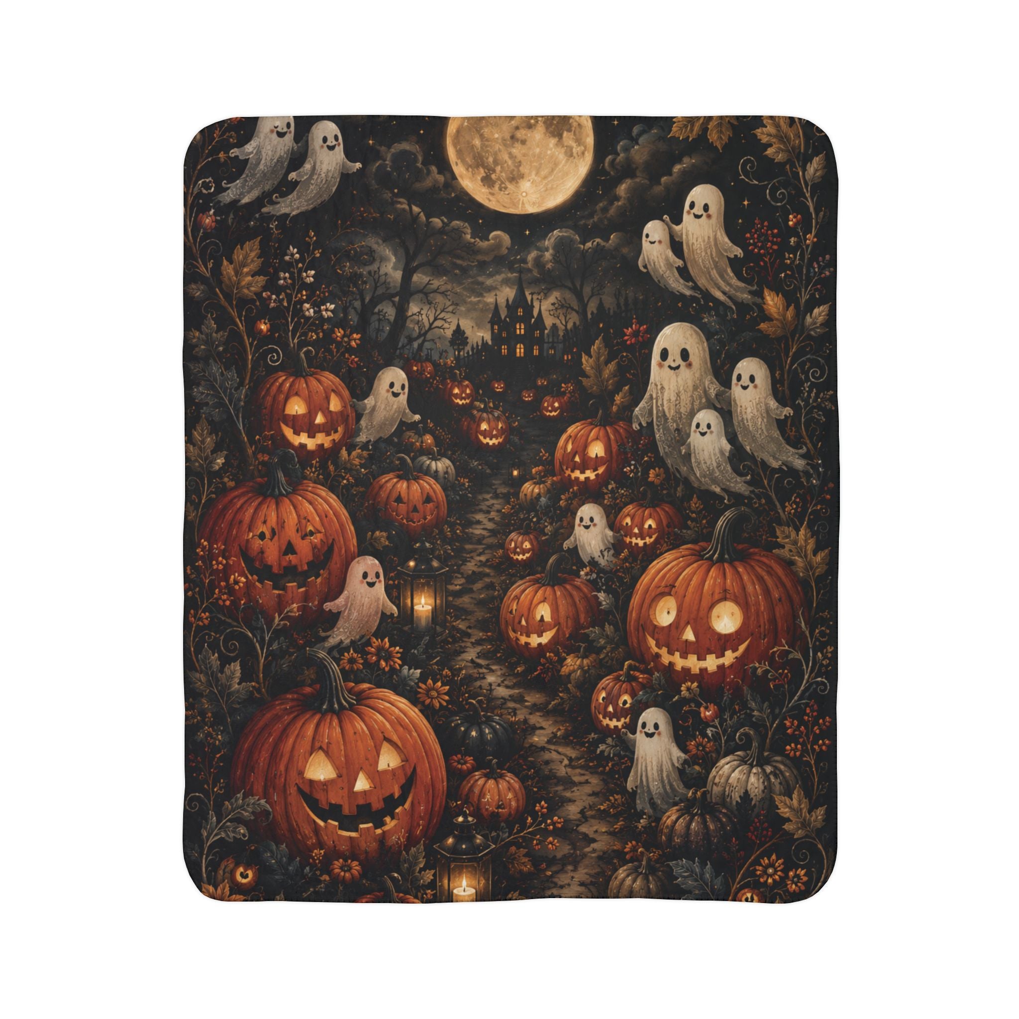 Jack-o'-Lantern Pumpkin Patch Fleece Blanket | Cute Ghosts Halloween Throw