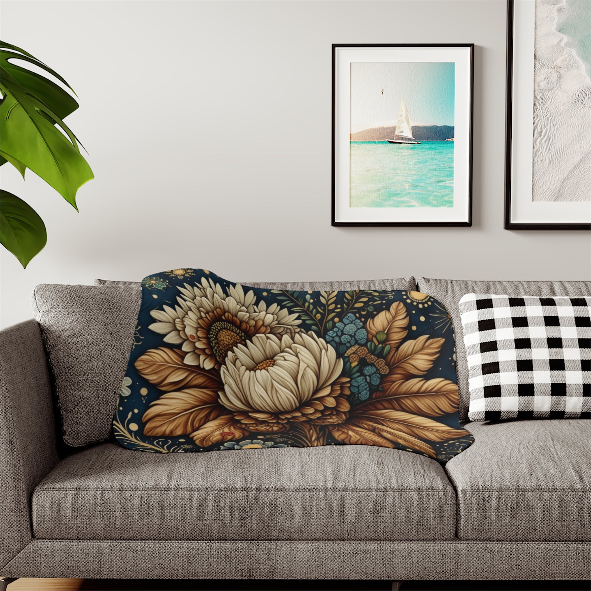 Vintage Sunflower Bouquet Sherpa Blanket | Floral Boho Throw