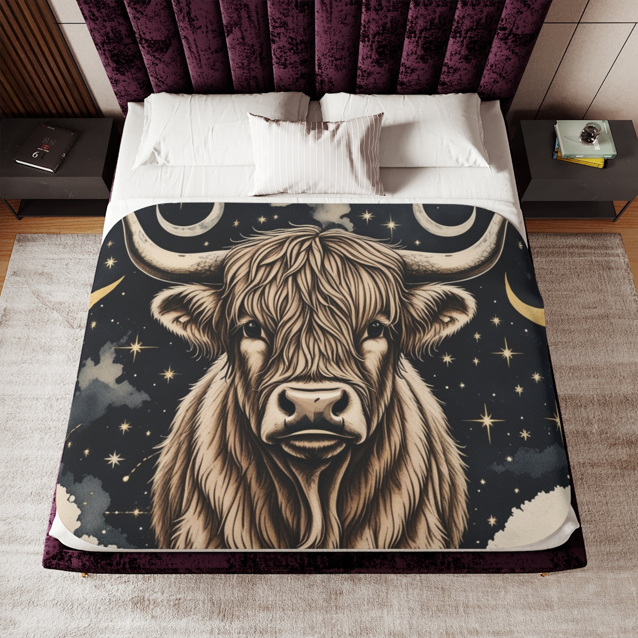 Highland Cow Sherpa Blanket – Cozy Celestial Bull Throw