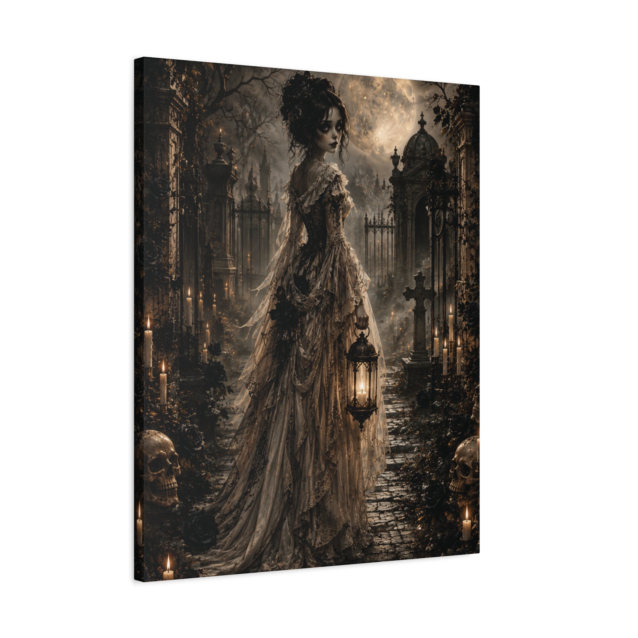 Victorian Ghost Bride Matte Canvas | Haunted Cemetery Lantern