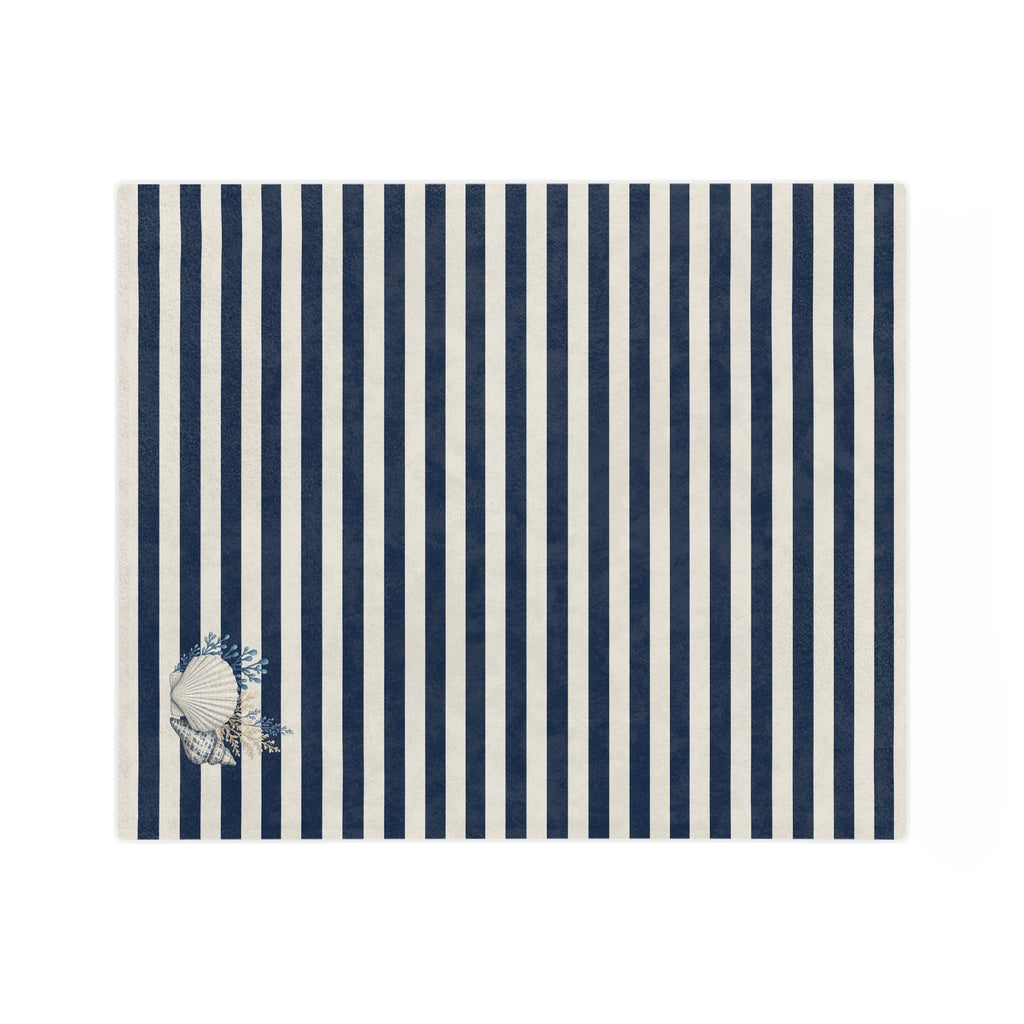 Nautical Striped Velveteen Microfiber Blanket — Coastal Shell Accent