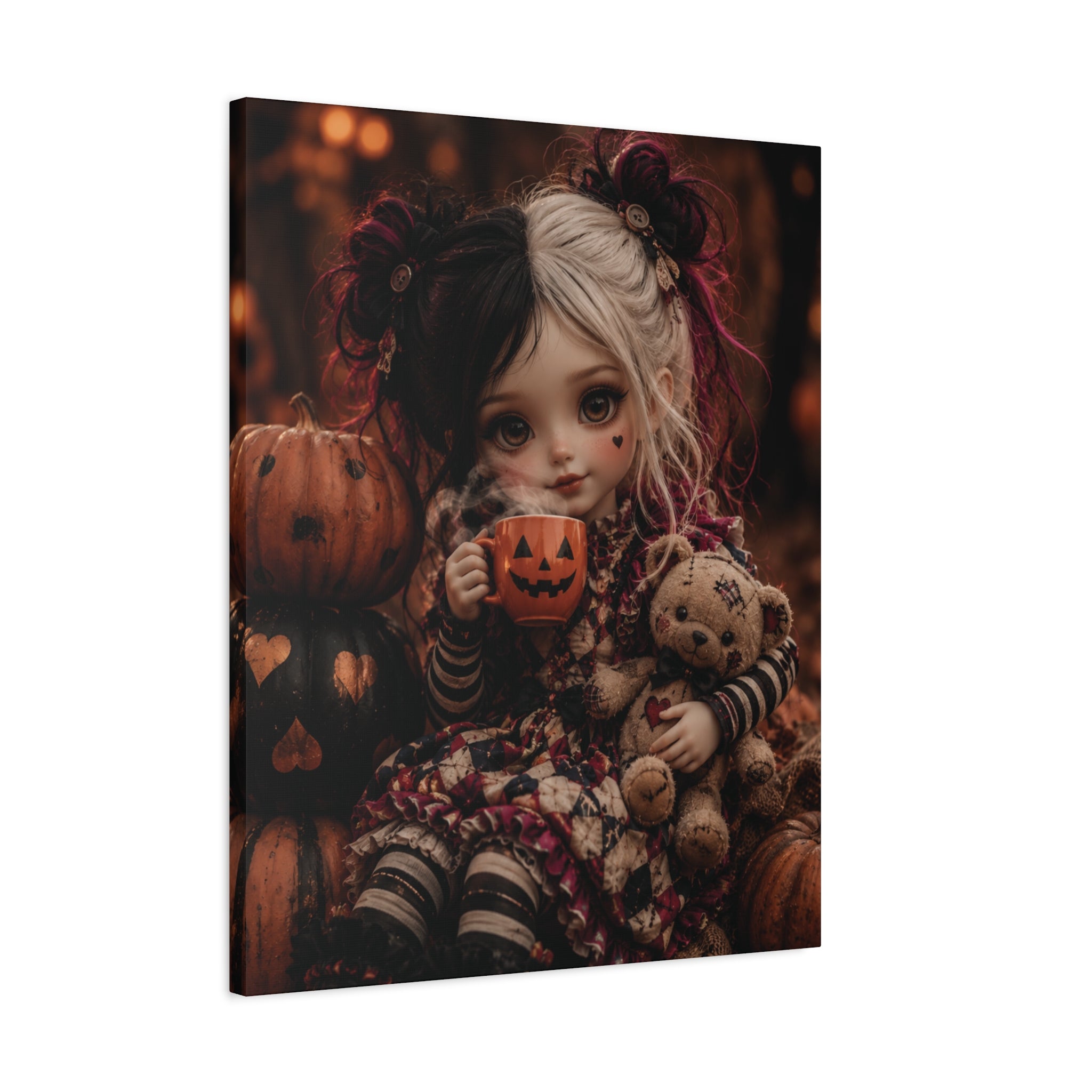 Cute Doll with Pumpkin Mug Halloween Canvas