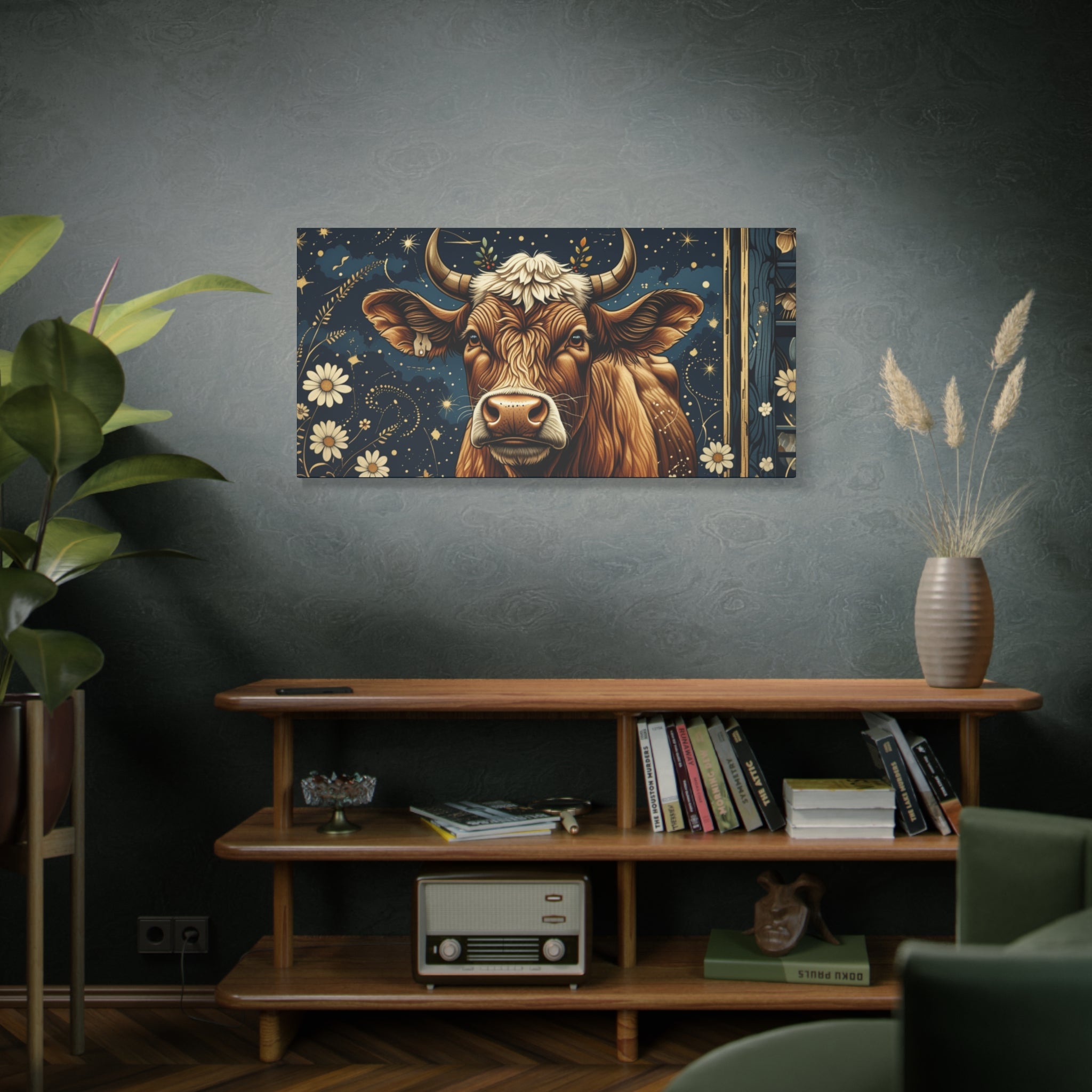 Highland Cow Celestial Abstract Portrait Wall Art | Living Room Art | Bathroom Art | Office Art