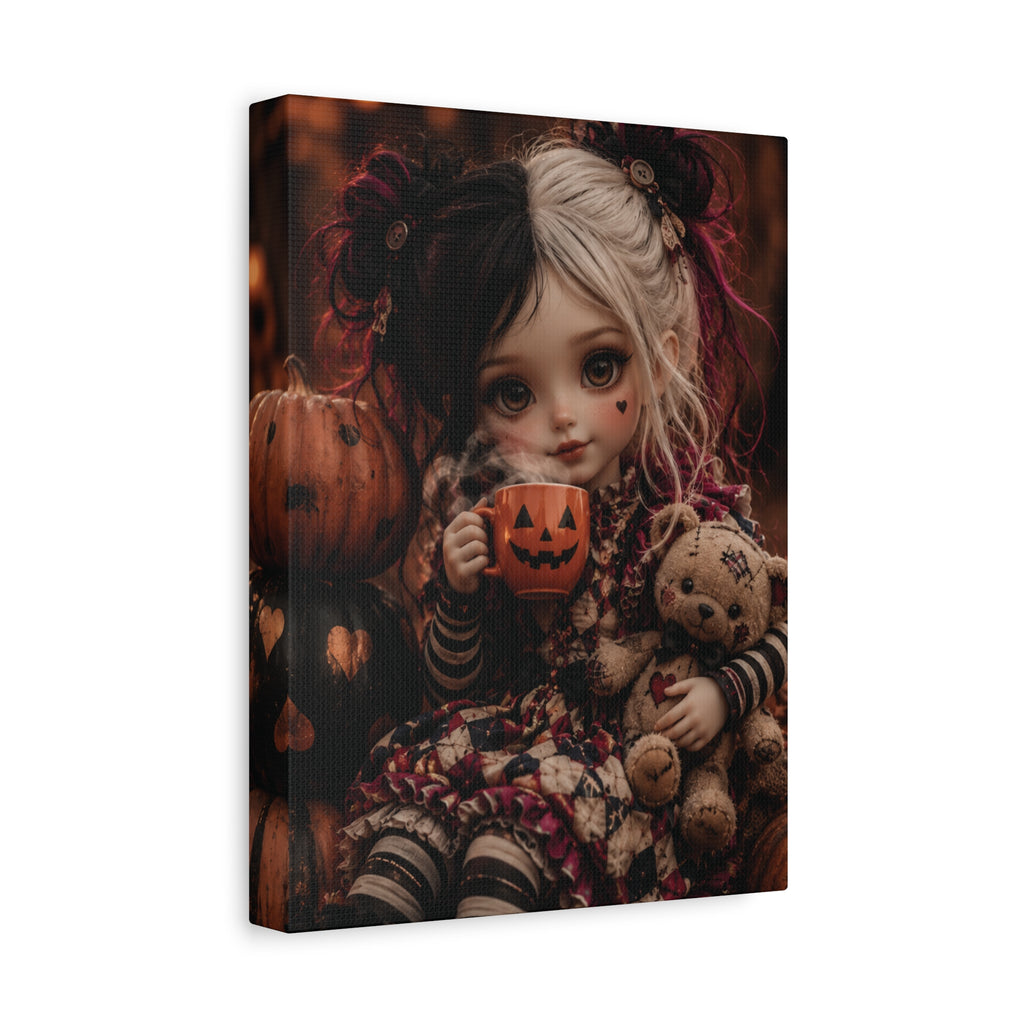 Cute Doll with Pumpkin Mug Halloween Canvas