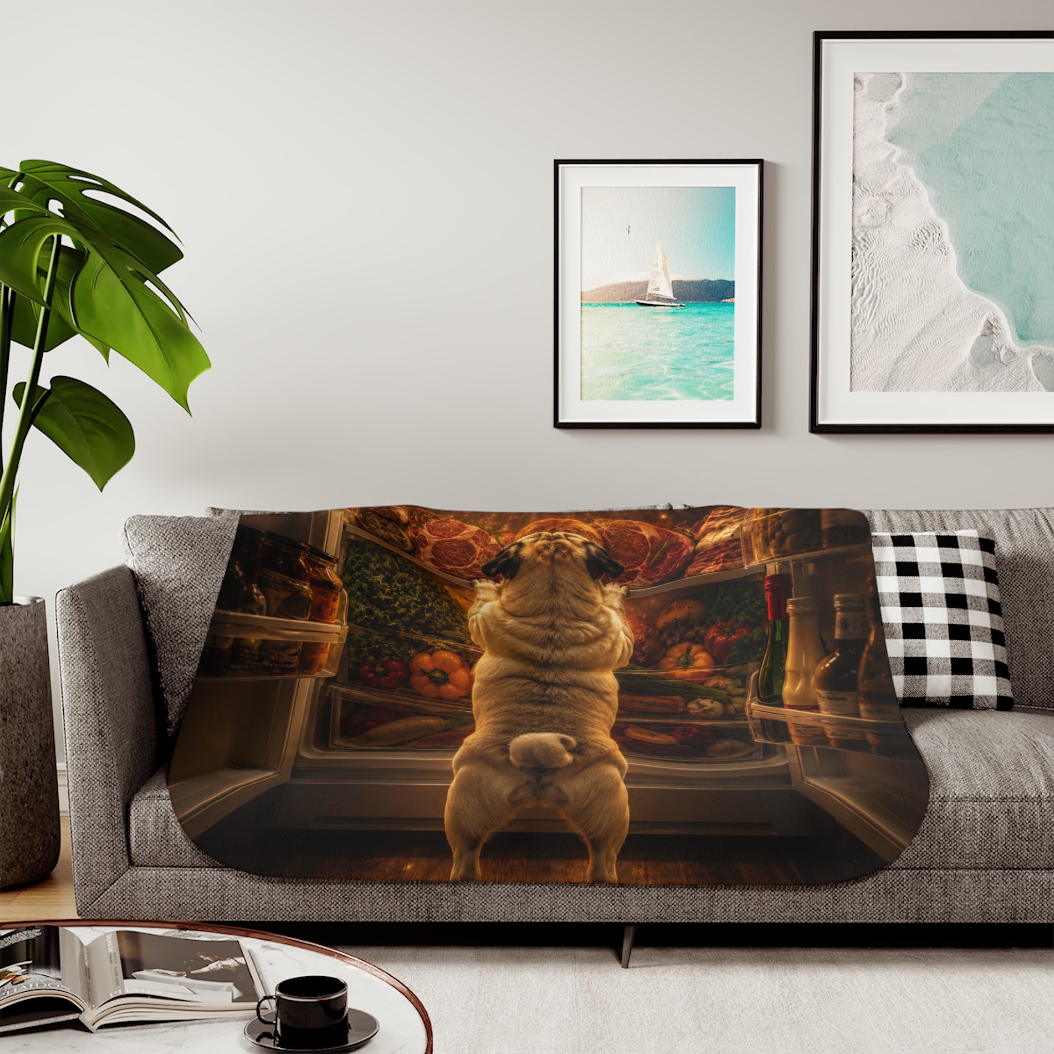 Curious Pug Fridge Scene Sherpa Blanket | Funny Dog Illustration, Cozy Throw