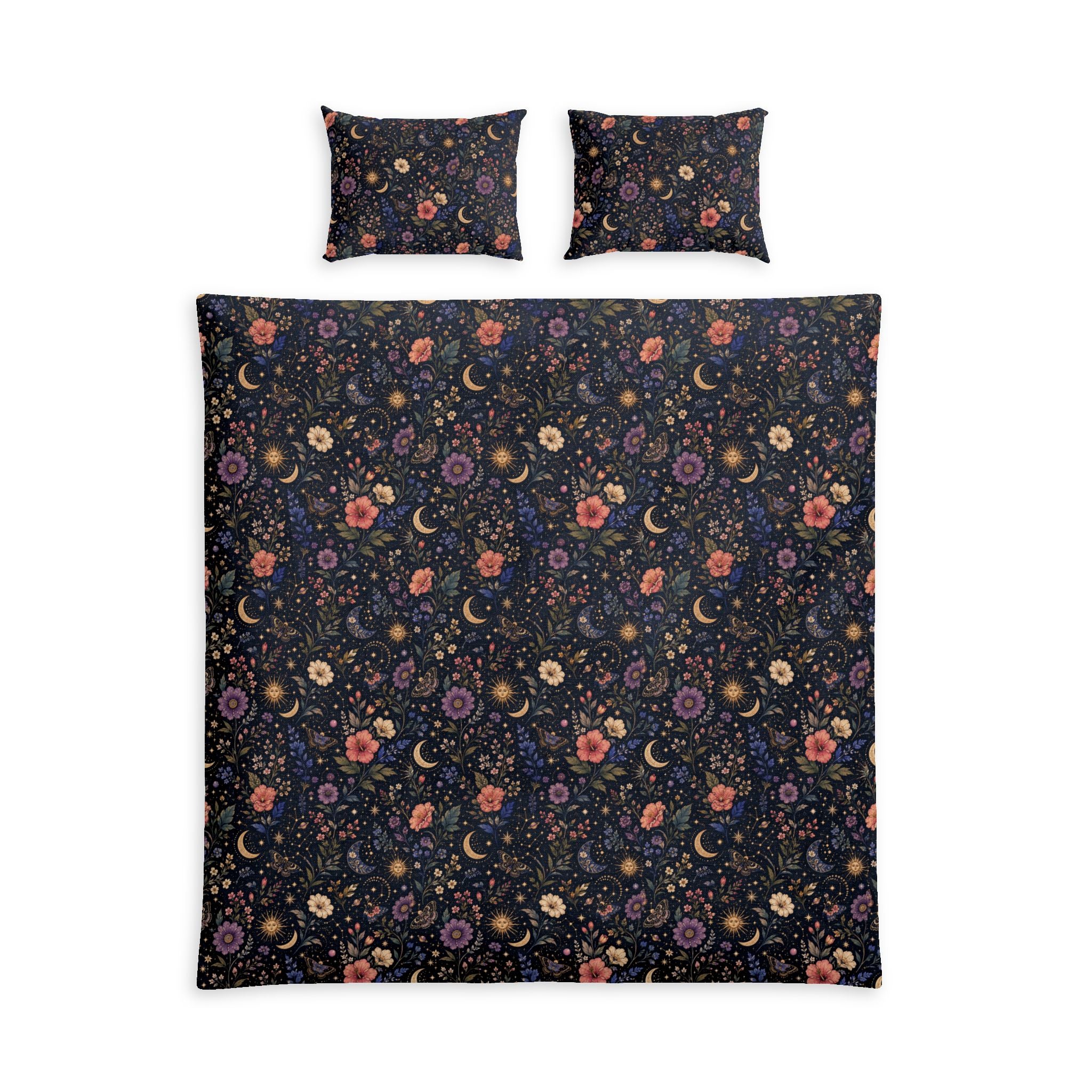 Celestial Garden Cotton Duvet Cover Set — Boho Moon & Wildflower Bedding