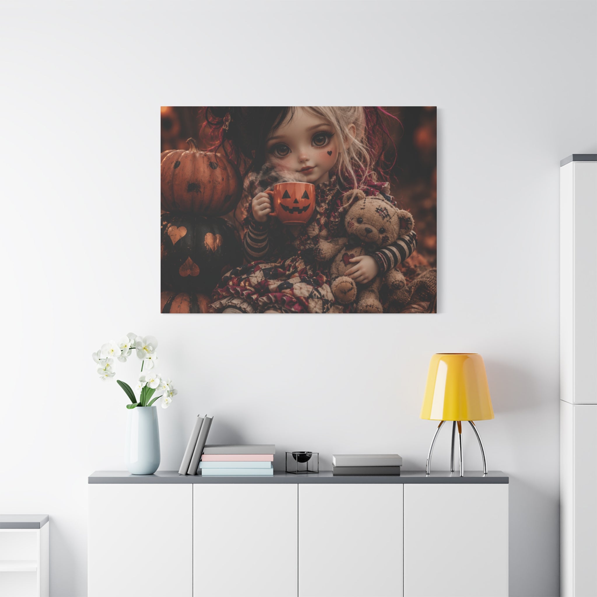 Cute Doll with Pumpkin Mug Halloween Canvas