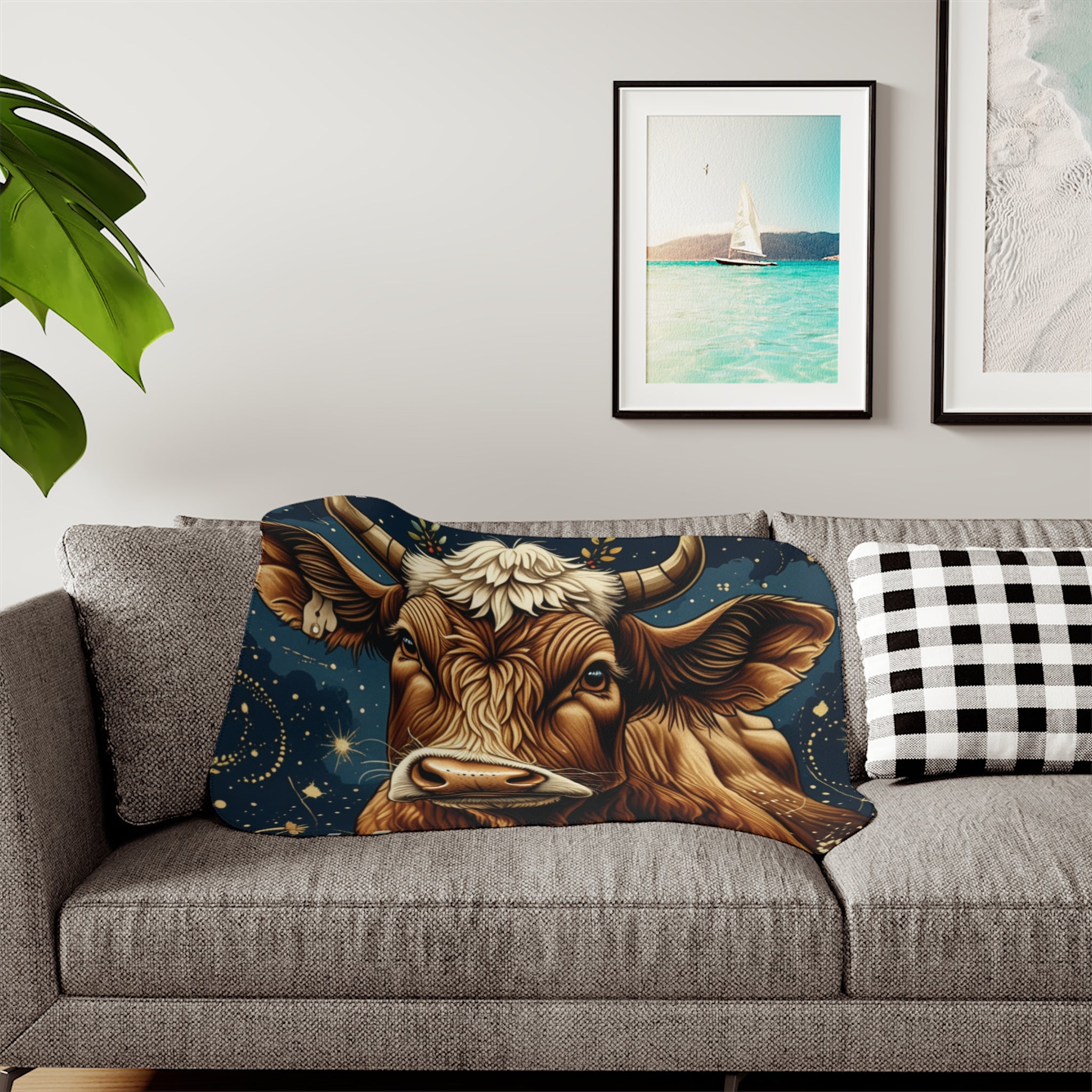 Brown Cow Illustration Sherpa Blanket | Rustic Farmhouse Animal Throw