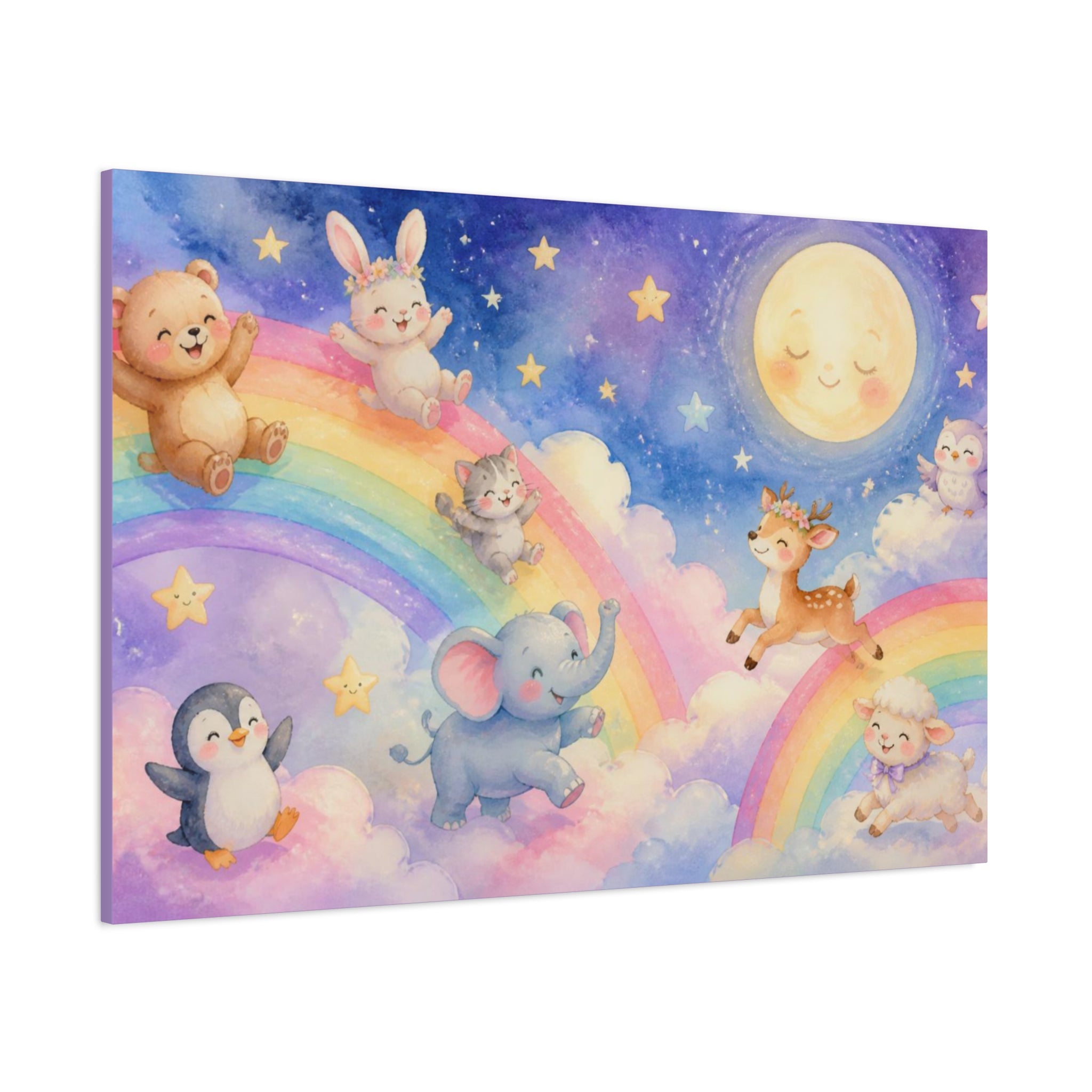 Sleepy Moon and Rainbow Animals Matte Canvas