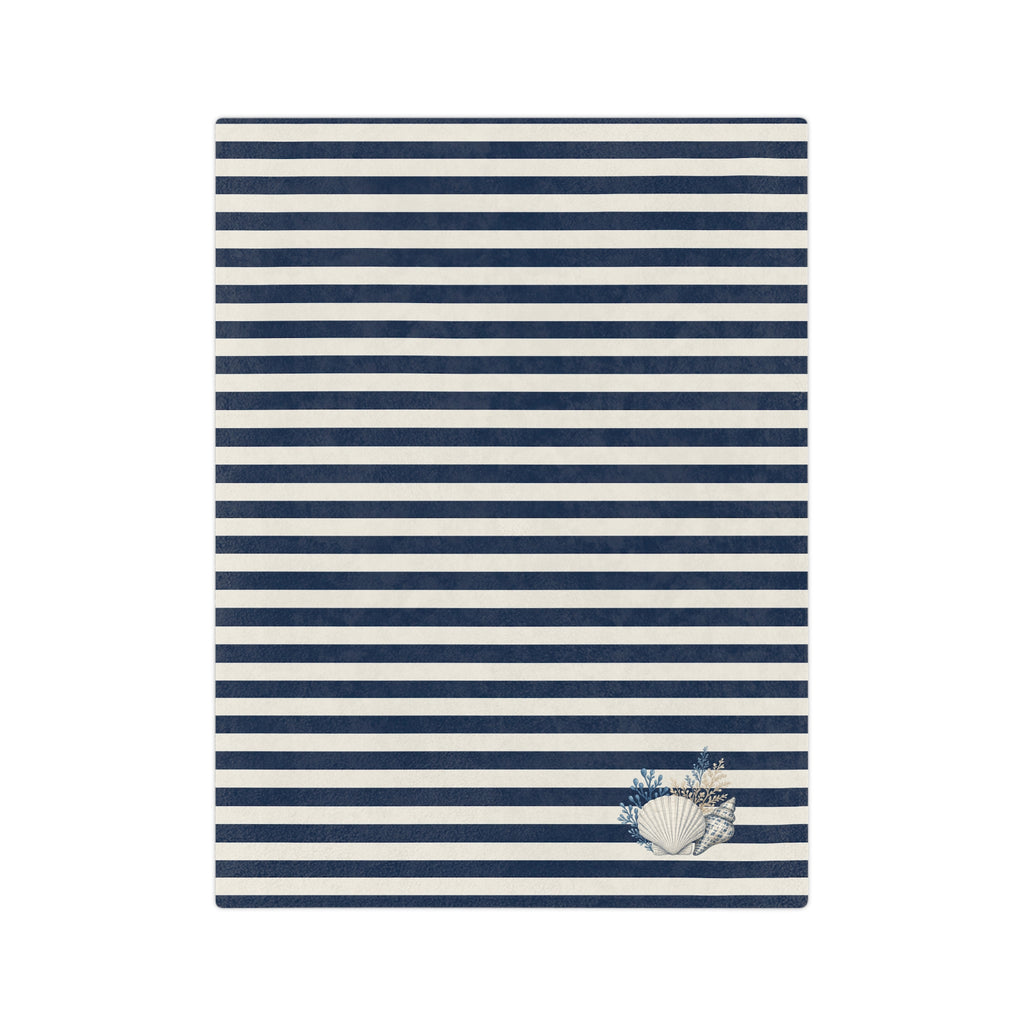 Nautical Striped Velveteen Microfiber Blanket — Coastal Shell Accent