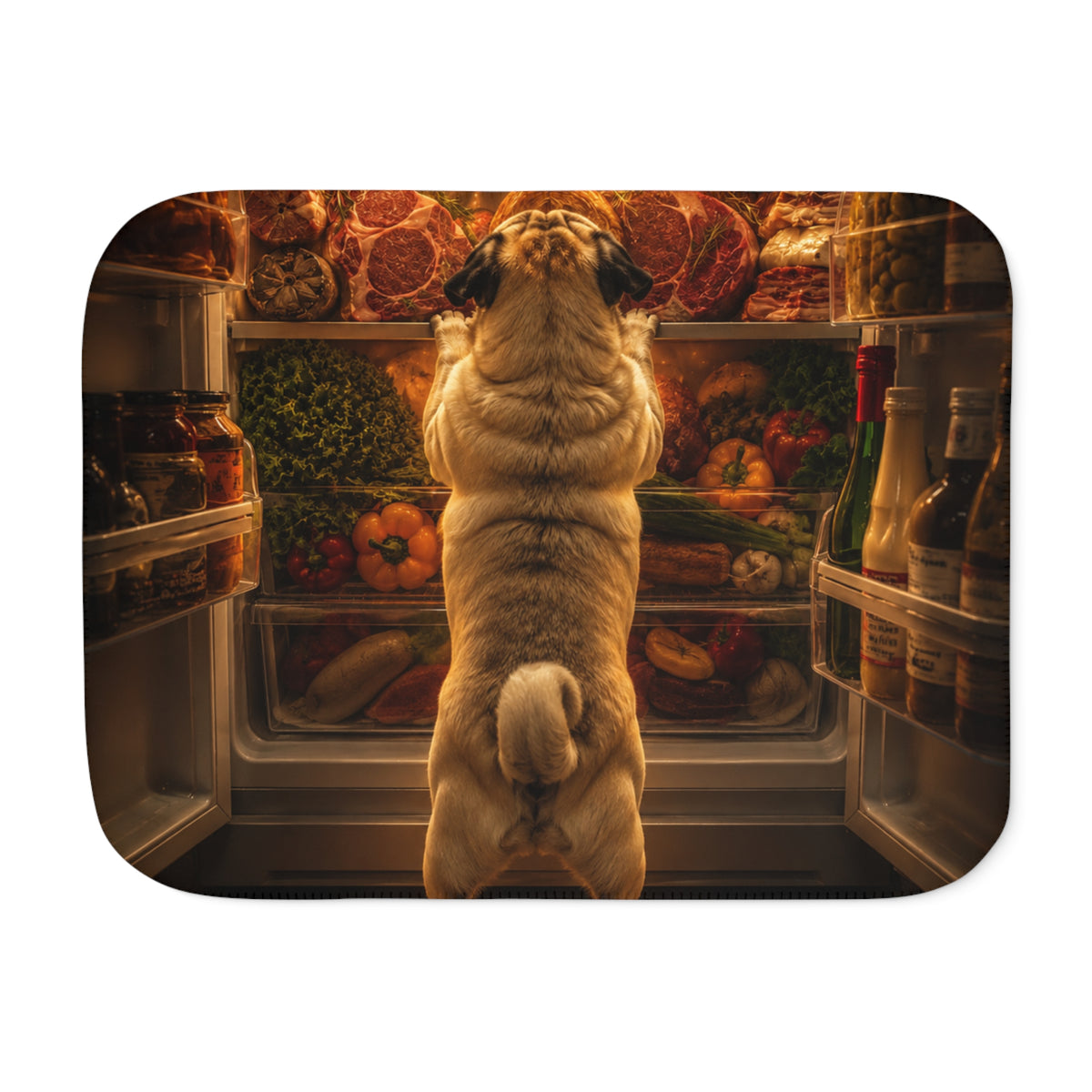 Curious Pug Fridge Scene Sherpa Blanket | Funny Dog Illustration, Cozy Throw