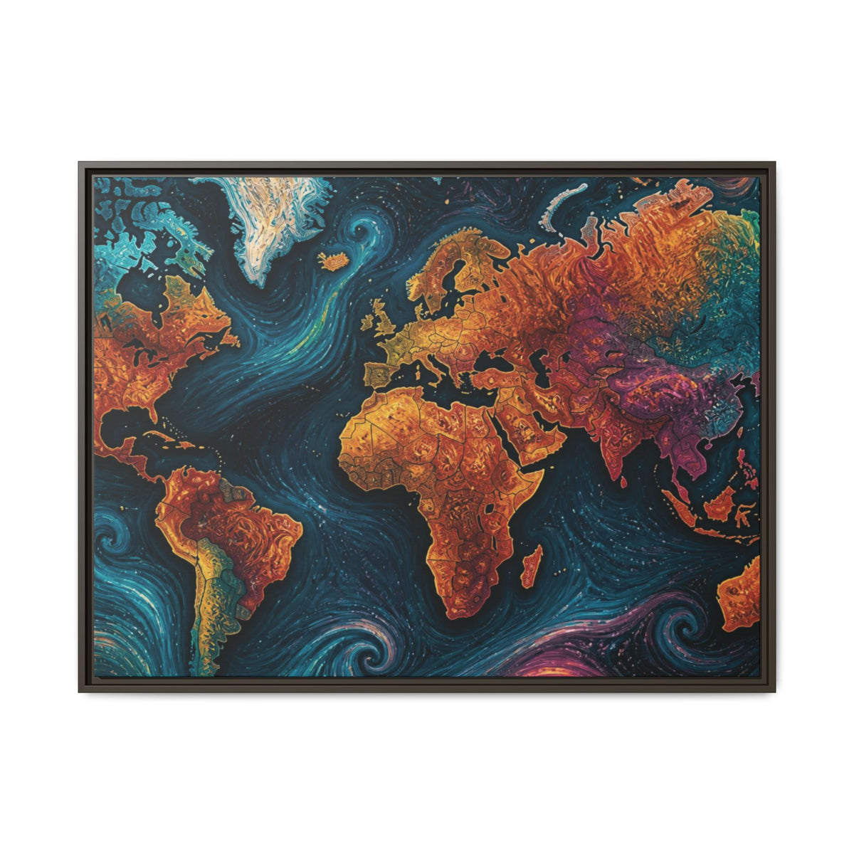 Abstract World Map Matte Canvas Framed | Colorful Earth Map Wall Art