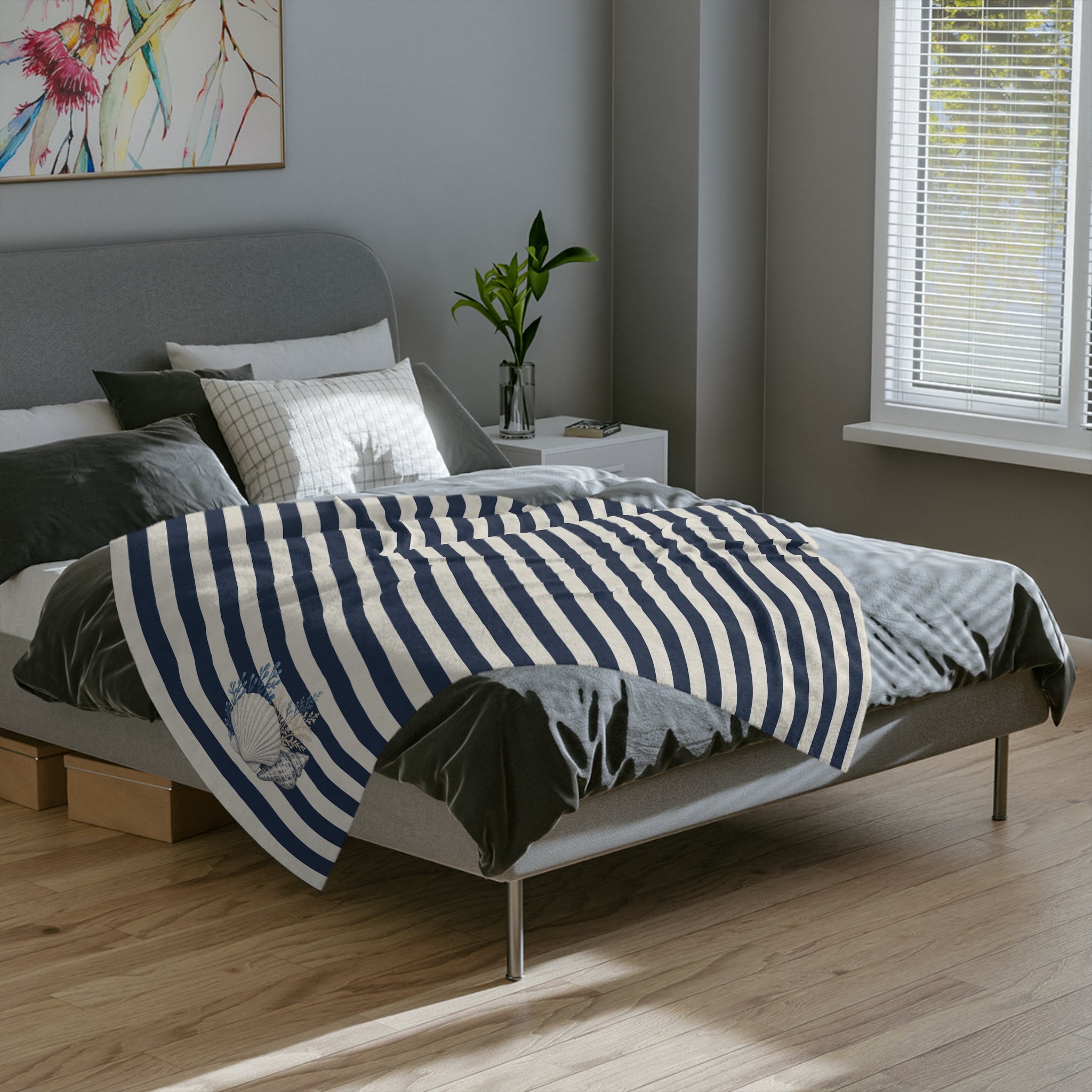 Nautical Striped Velveteen Microfiber Blanket — Coastal Shell Accent