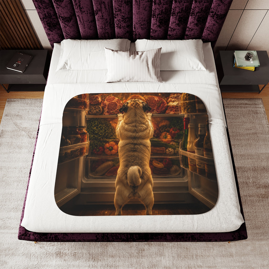 Curious Pug Fridge Scene Sherpa Blanket | Funny Dog Illustration, Cozy Throw