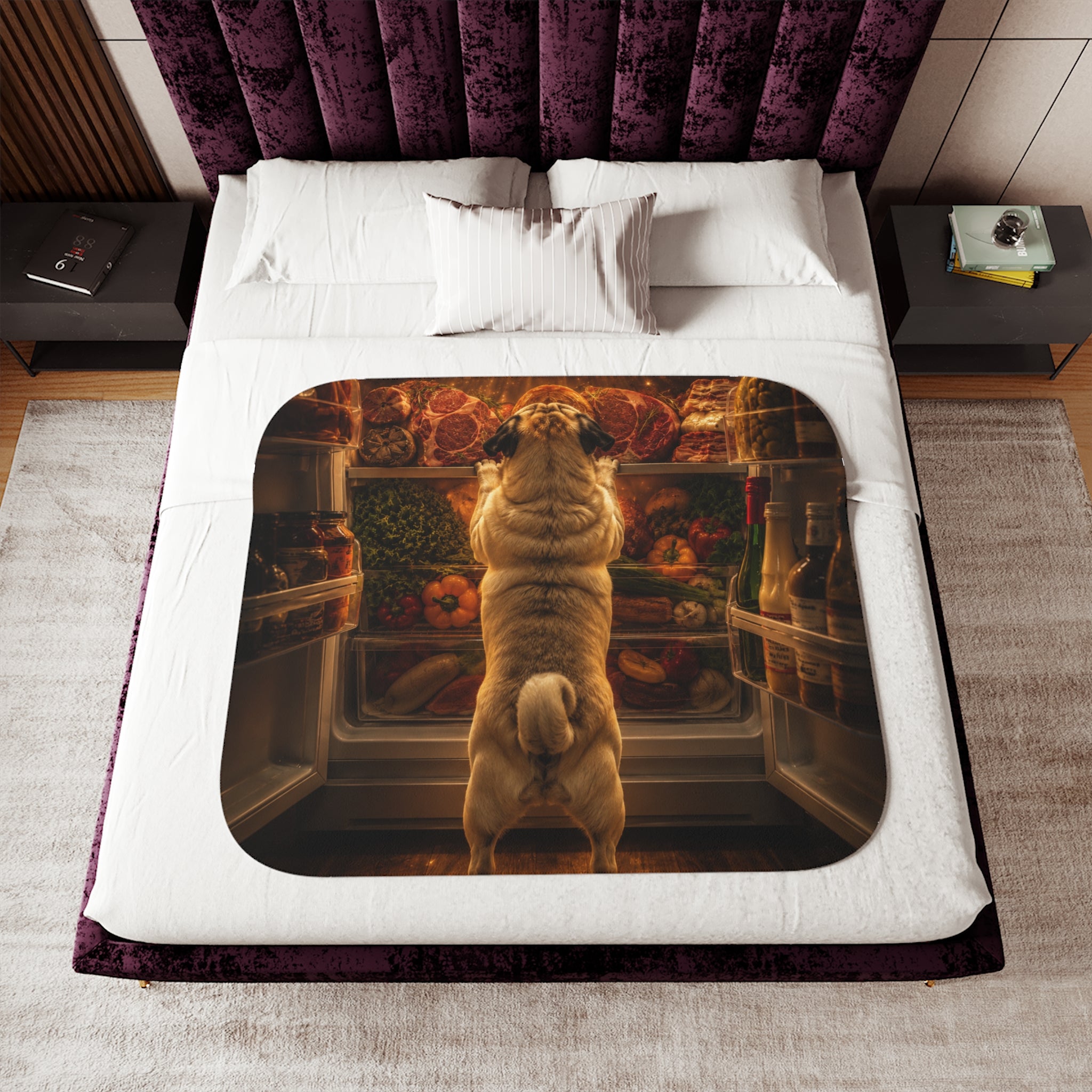 Curious Pug Fridge Scene Sherpa Blanket | Funny Dog Illustration, Cozy Throw