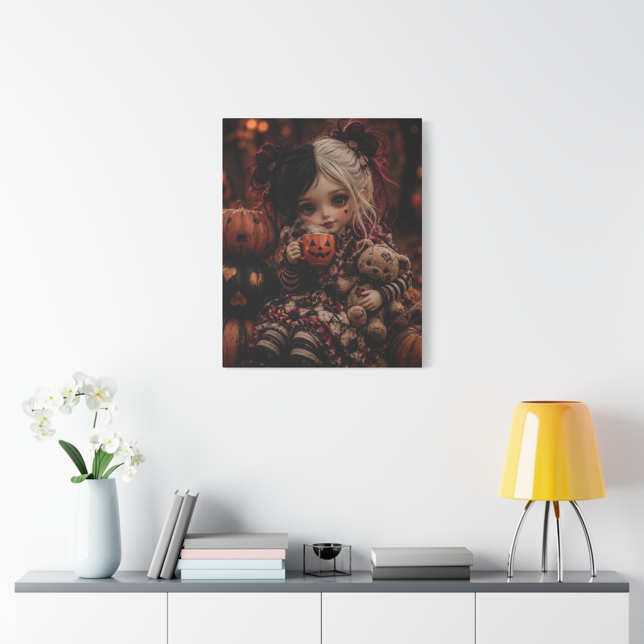 Cute Doll with Pumpkin Mug Halloween Canvas
