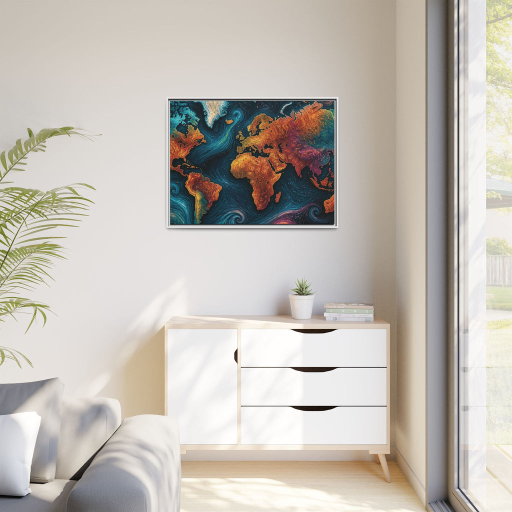 Abstract World Map Matte Canvas Framed | Colorful Earth Map Wall Art