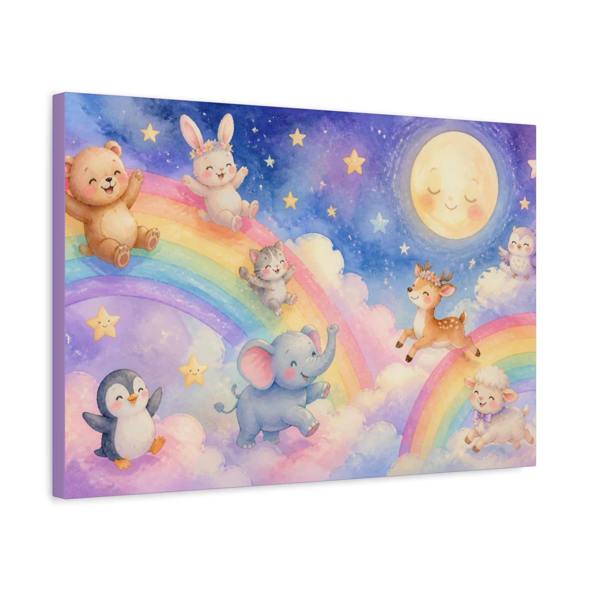 Sleepy Moon and Rainbow Animals Matte Canvas