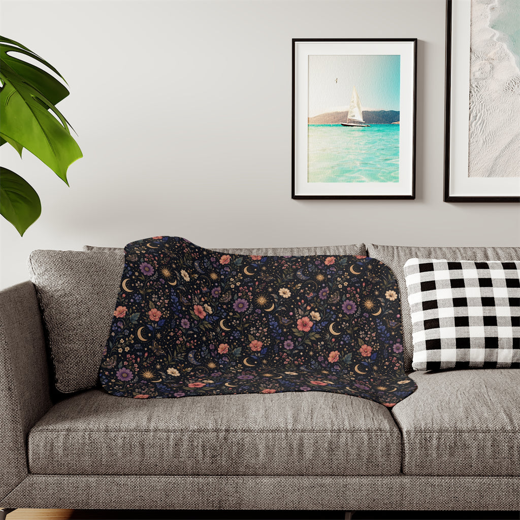 Celestial Floral Pattern Sherpa Blanket | Moon and Flowers | Grey White Tan