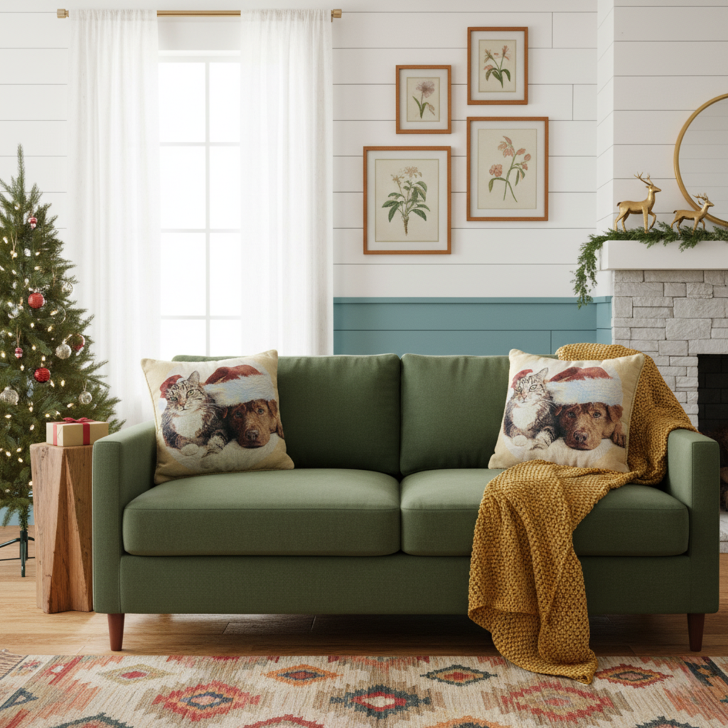Tache Best Friend Pets Dog and Cat Christmas Tapestry Woven Throw Pillow Cover (16461)