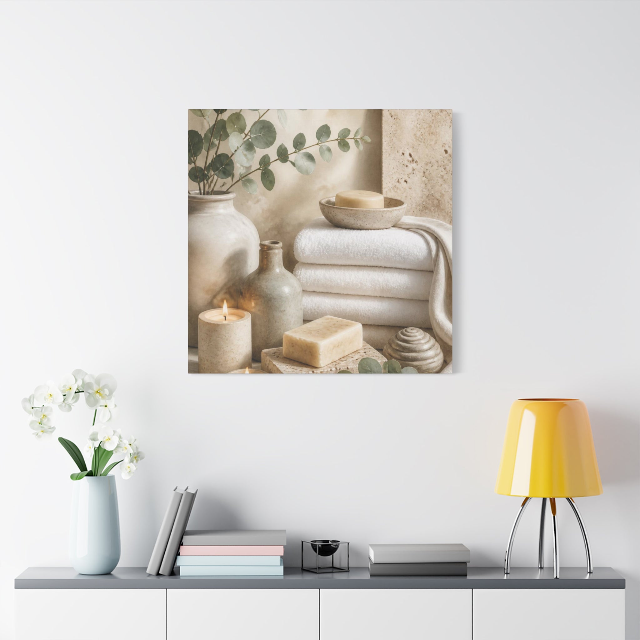 Spa Bathroom Canvas Wall Art – Neutral Towels, Candles & Eucalyptus Stretched Matte Canvas