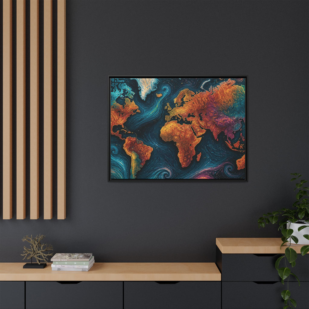 Abstract World Map Matte Canvas Framed | Colorful Earth Map Wall Art