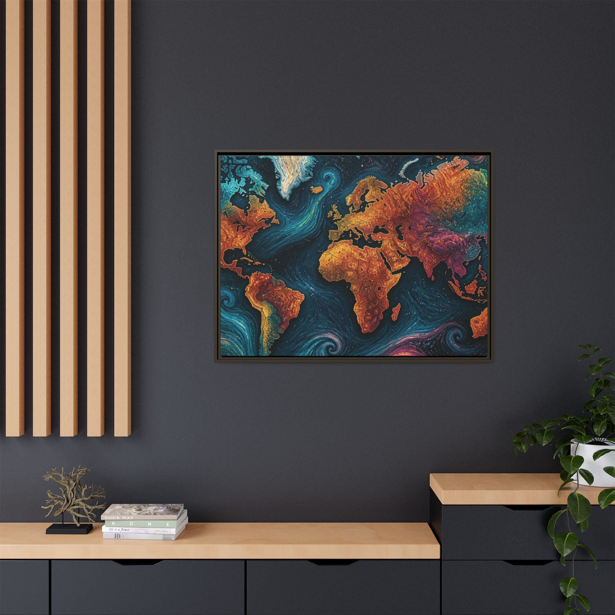 Abstract World Map Matte Canvas Framed | Colorful Earth Map Wall Art