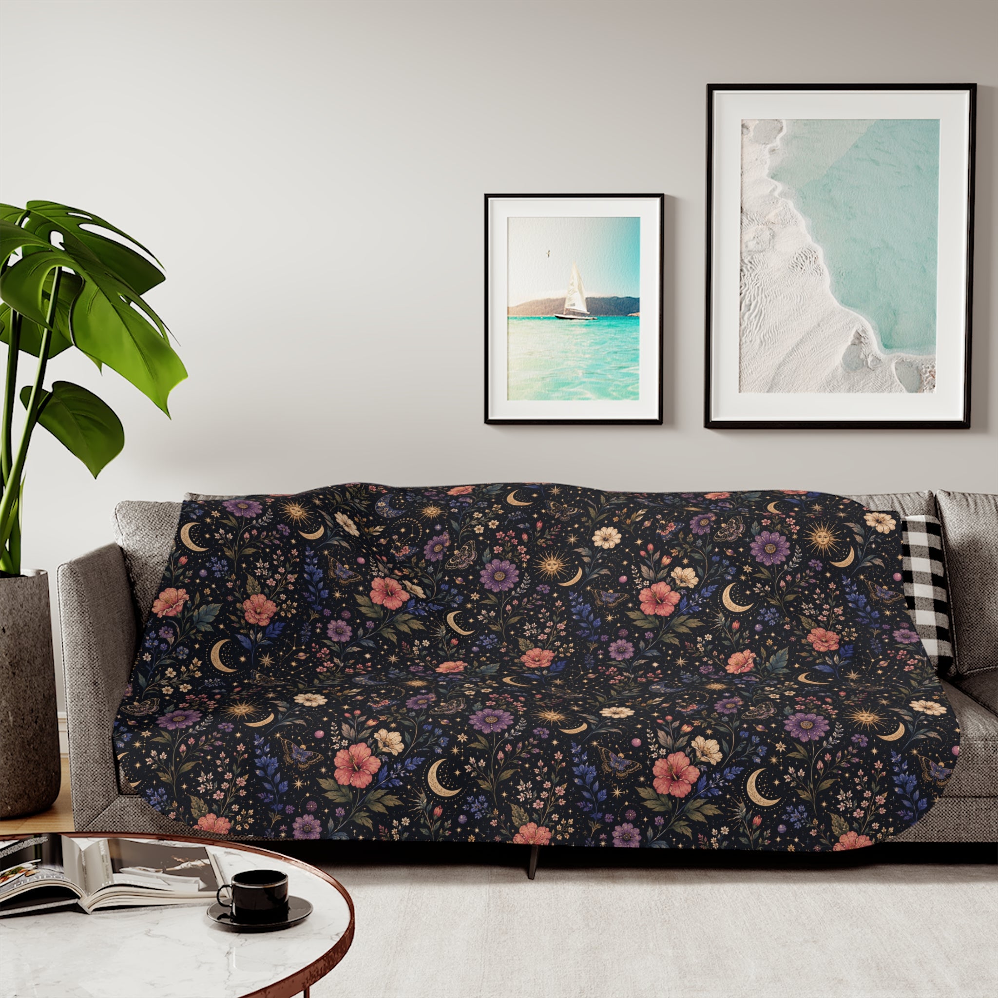 Celestial Floral Pattern Sherpa Blanket | Moon and Flowers | Grey White Tan