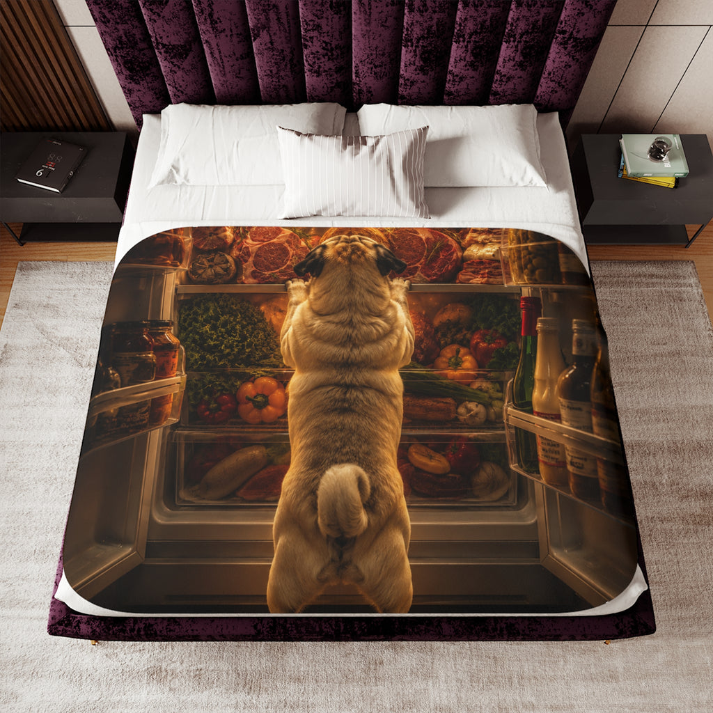 Curious Pug Fridge Scene Sherpa Blanket | Funny Dog Illustration, Cozy Throw