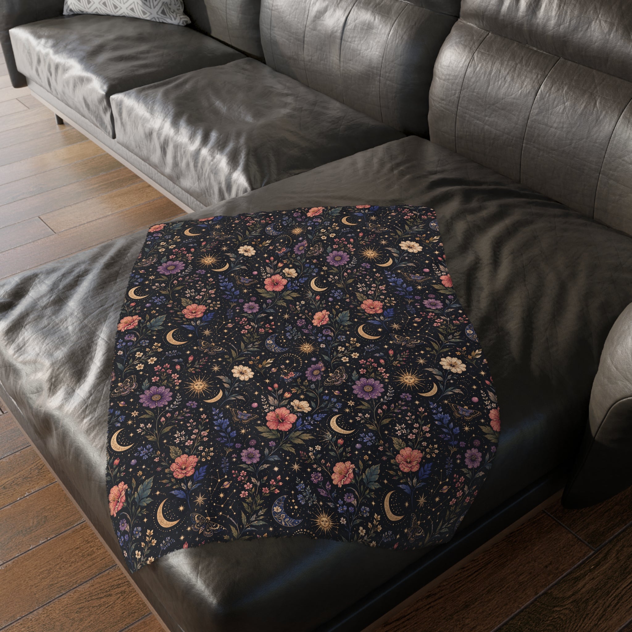 Celestial Double Sided Moon and Wildflowers Night Sky Throw