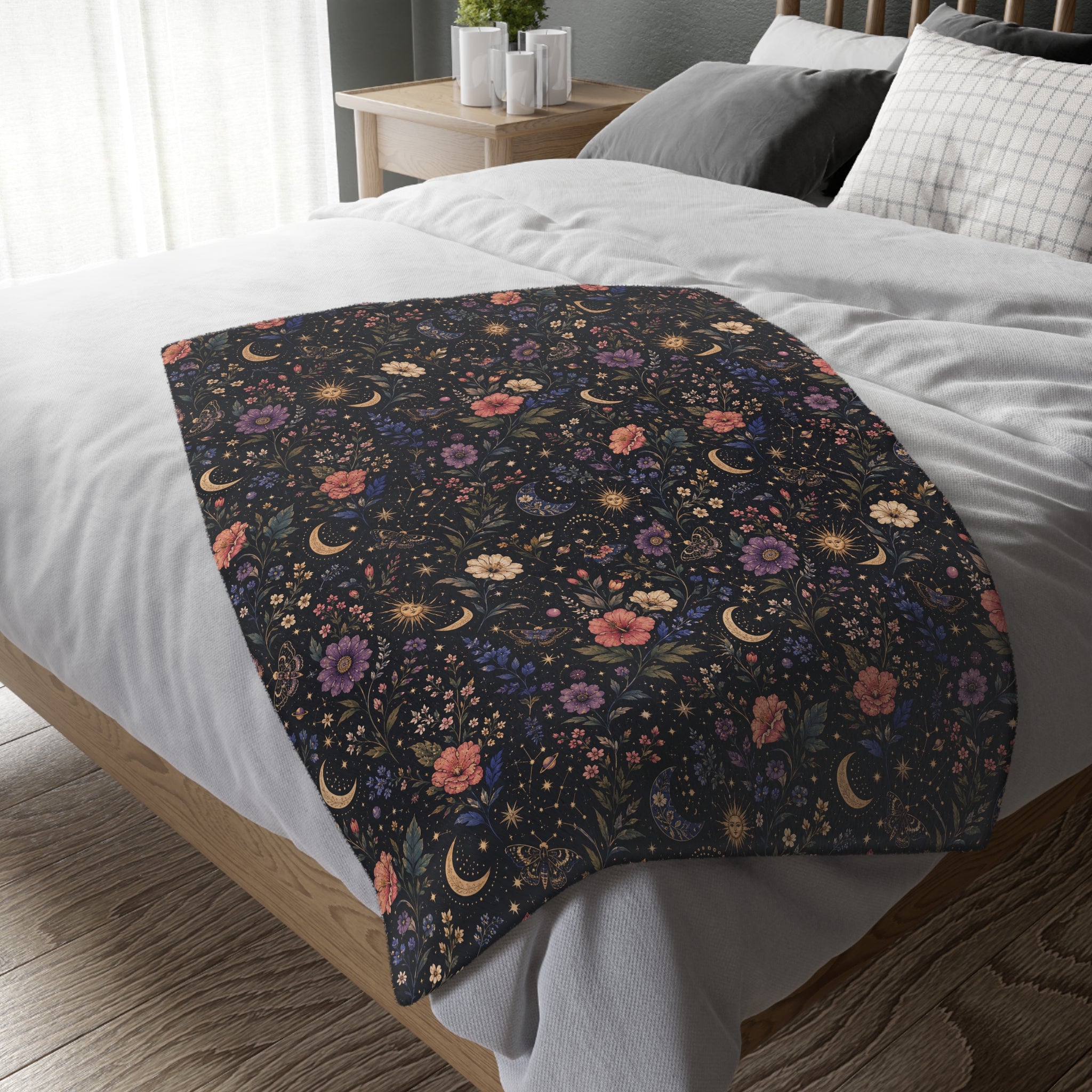 Celestial Double Sided Moon and Wildflowers Night Sky Throw