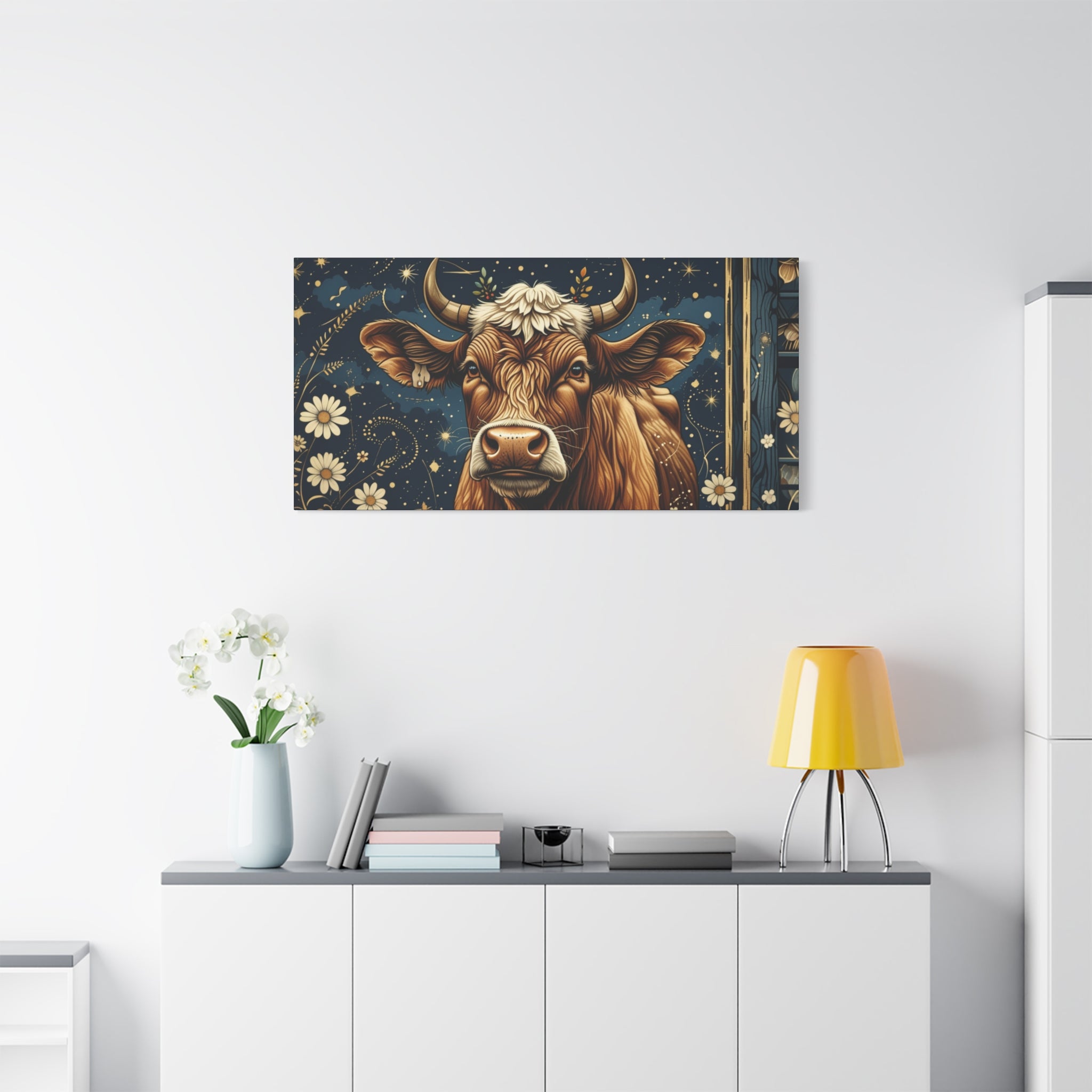 Highland Cow Celestial Abstract Portrait Wall Art | Living Room Art | Bathroom Art | Office Art