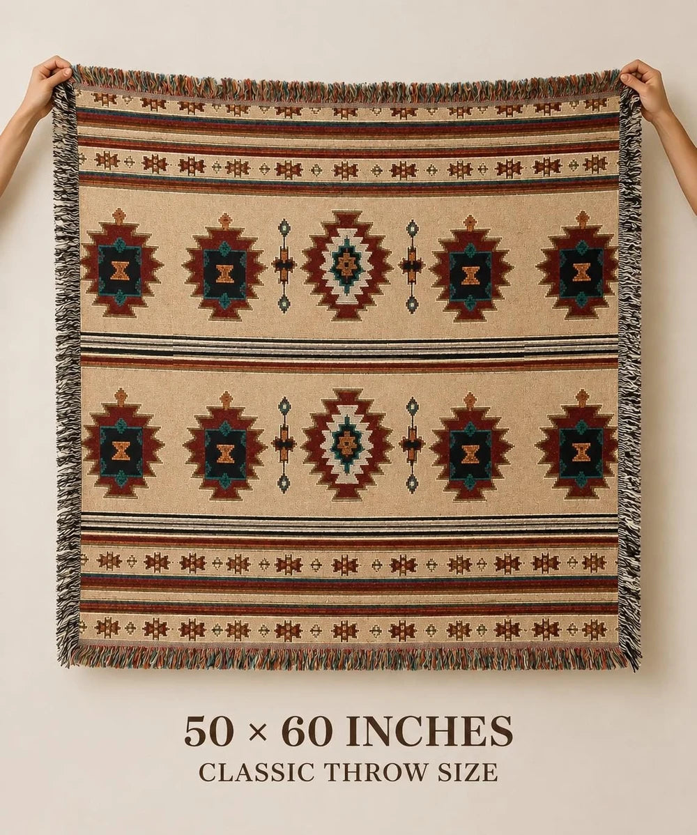 Southwestern Woven Throw Blanket, Boho Geometric Cotton Blanket, Western Home Decor, Fringed Couch Throw, 50x60 or 60x85