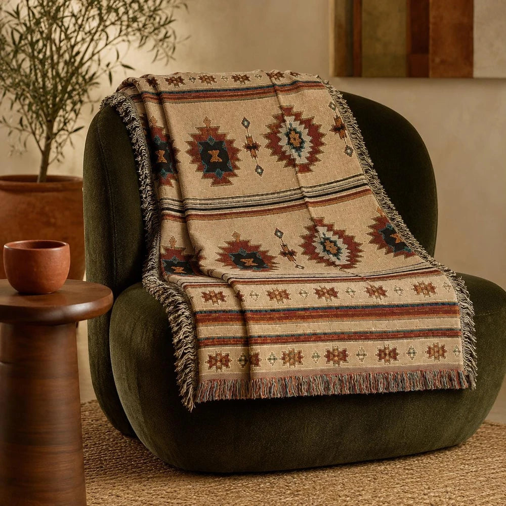 Southwestern Woven Throw Blanket, Boho Geometric Cotton Blanket, Western Home Decor, Fringed Couch Throw, 50x60 or 60x85