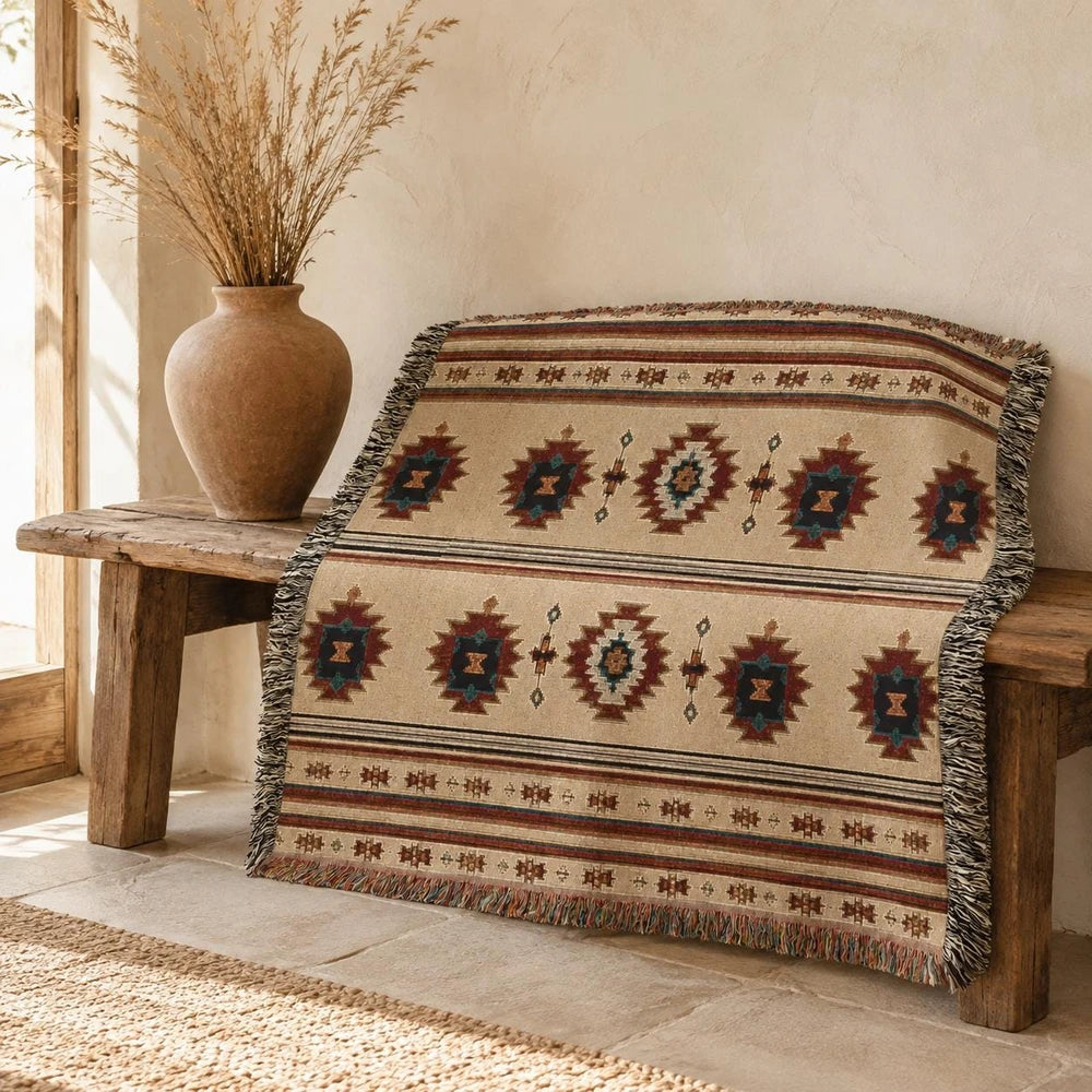 Southwestern Woven Throw Blanket, Boho Geometric Cotton Blanket, Western Home Decor, Fringed Couch Throw, 50x60 or 60x85