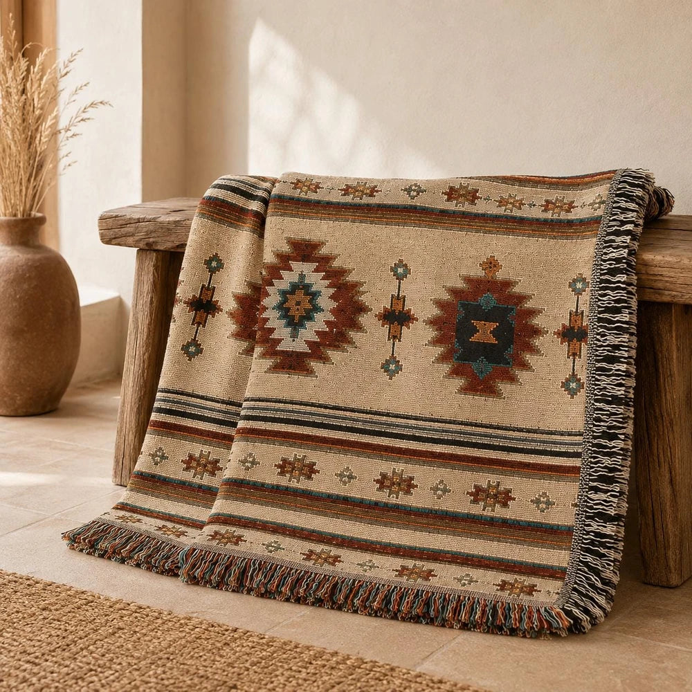 Southwestern Woven Throw Blanket, Boho Geometric Cotton Blanket, Western Home Decor, Fringed Couch Throw, 50x60 or 60x85