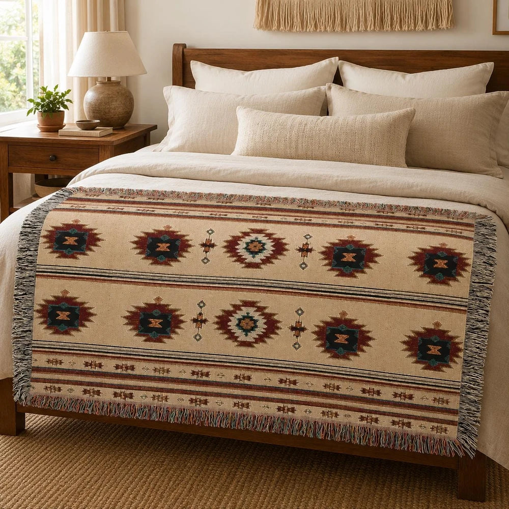 Southwestern Woven Throw Blanket, Boho Geometric Cotton Blanket, Western Home Decor, Fringed Couch Throw, 50x60 or 60x85