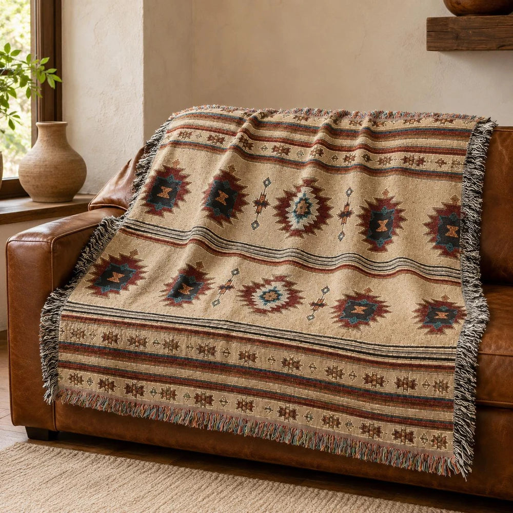 Southwestern Woven Throw Blanket, Boho Geometric Cotton Blanket, Western Home Decor, Fringed Couch Throw, 50x60 or 60x85