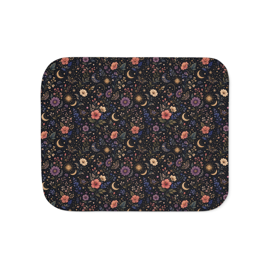 Celestial Floral Pattern Sherpa Blanket | Moon and Flowers | Grey White Tan