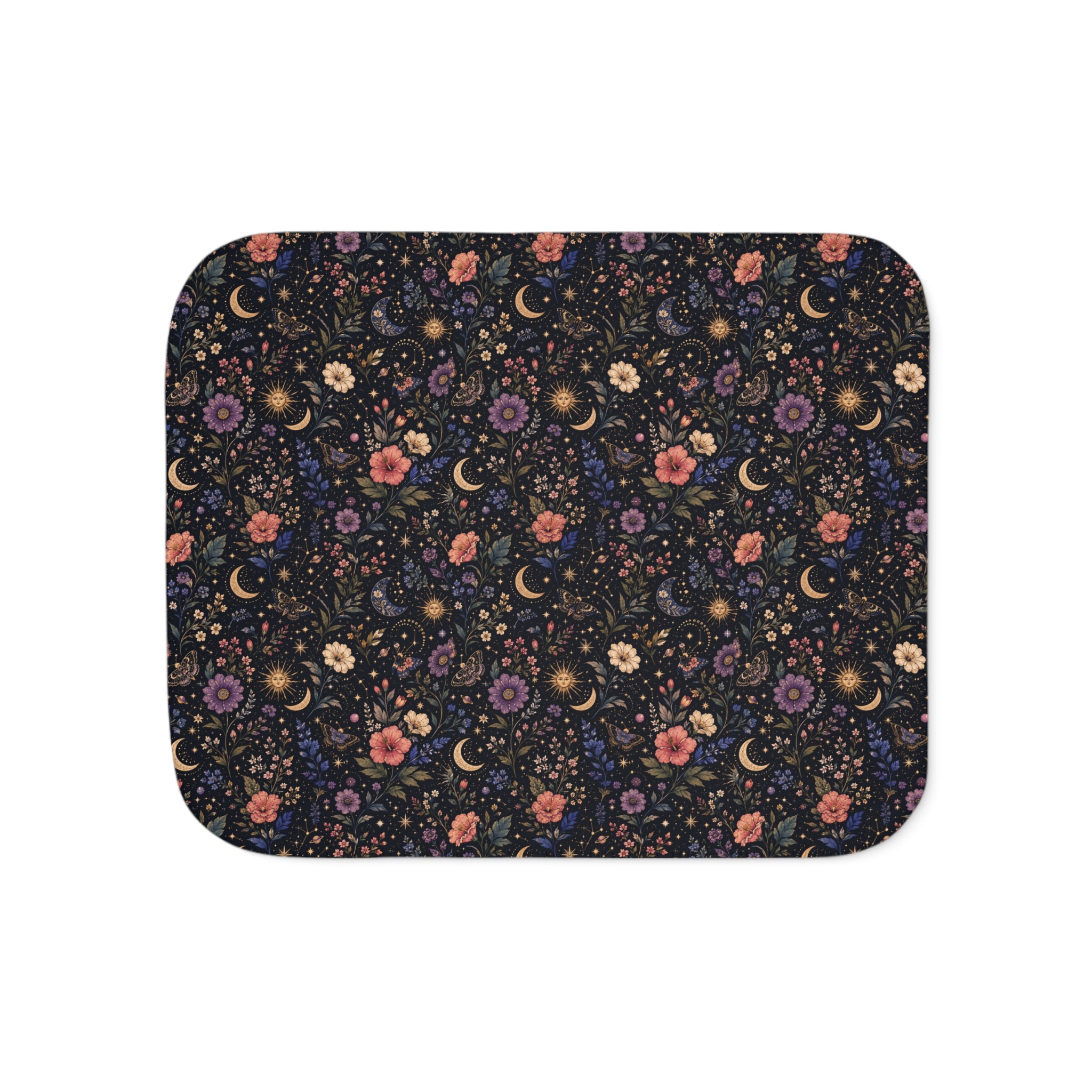 Celestial Floral Pattern Sherpa Blanket | Moon and Flowers | Grey White Tan
