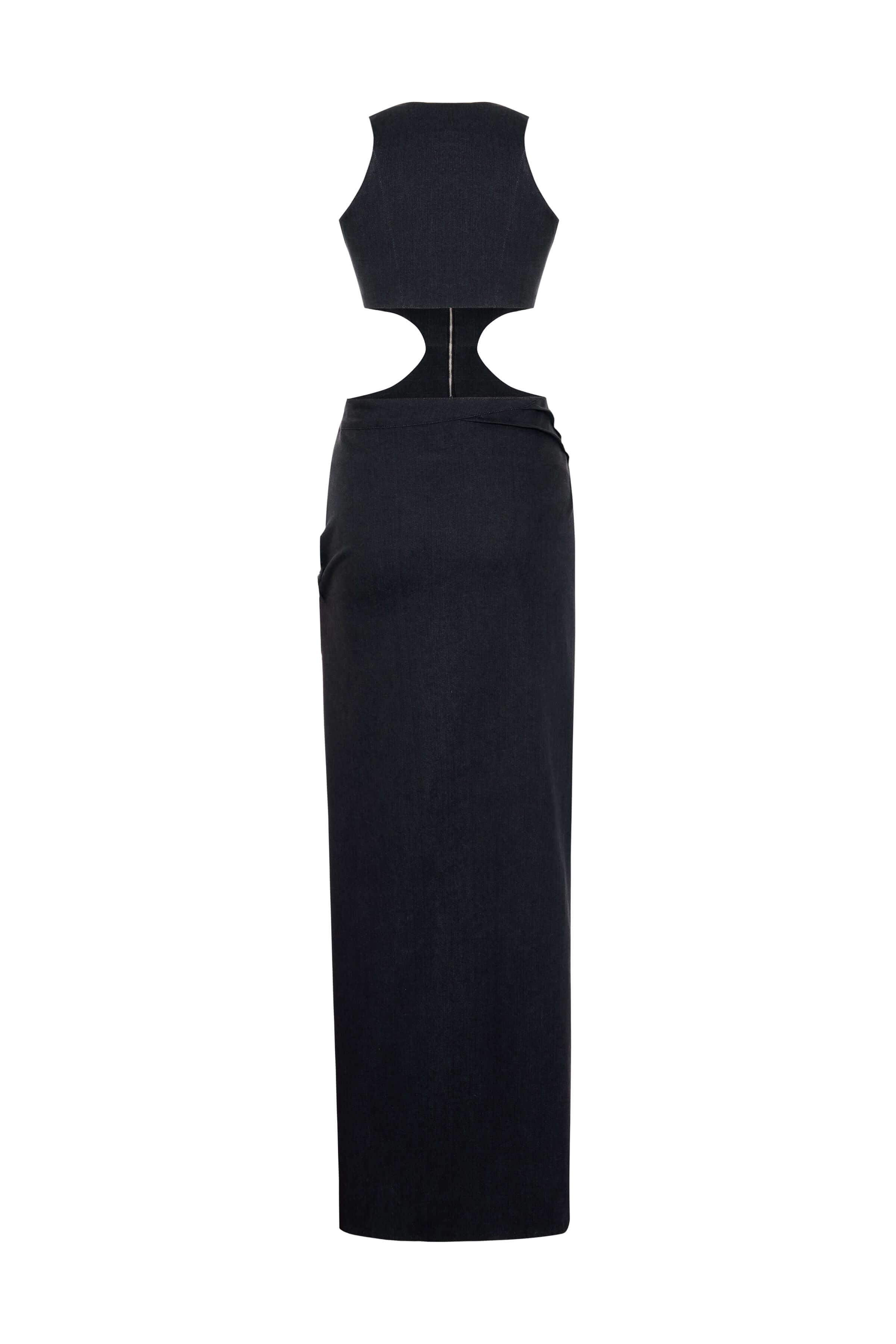 JENDUE Maia Dress - Black Denim Cut-Out Maxi Dress