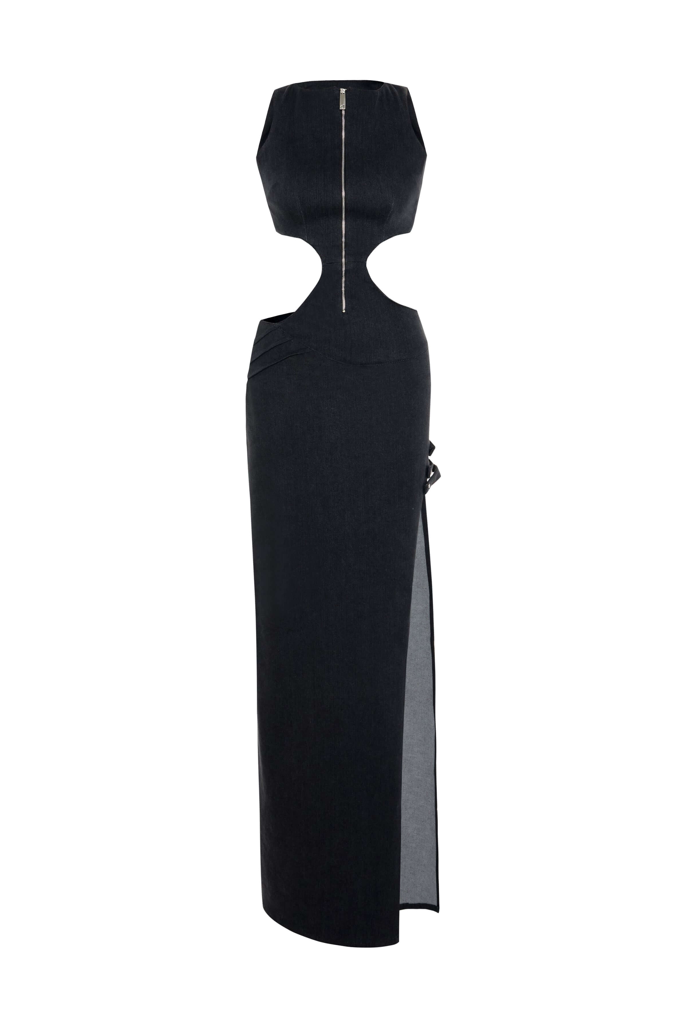 JENDUE Maia Dress - Black Denim Cut-Out Maxi Dress