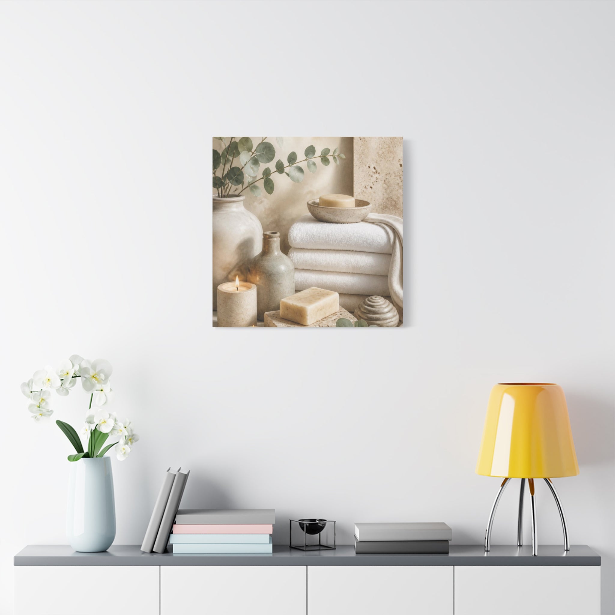 Spa Bathroom Canvas Wall Art – Neutral Towels, Candles & Eucalyptus Stretched Matte Canvas