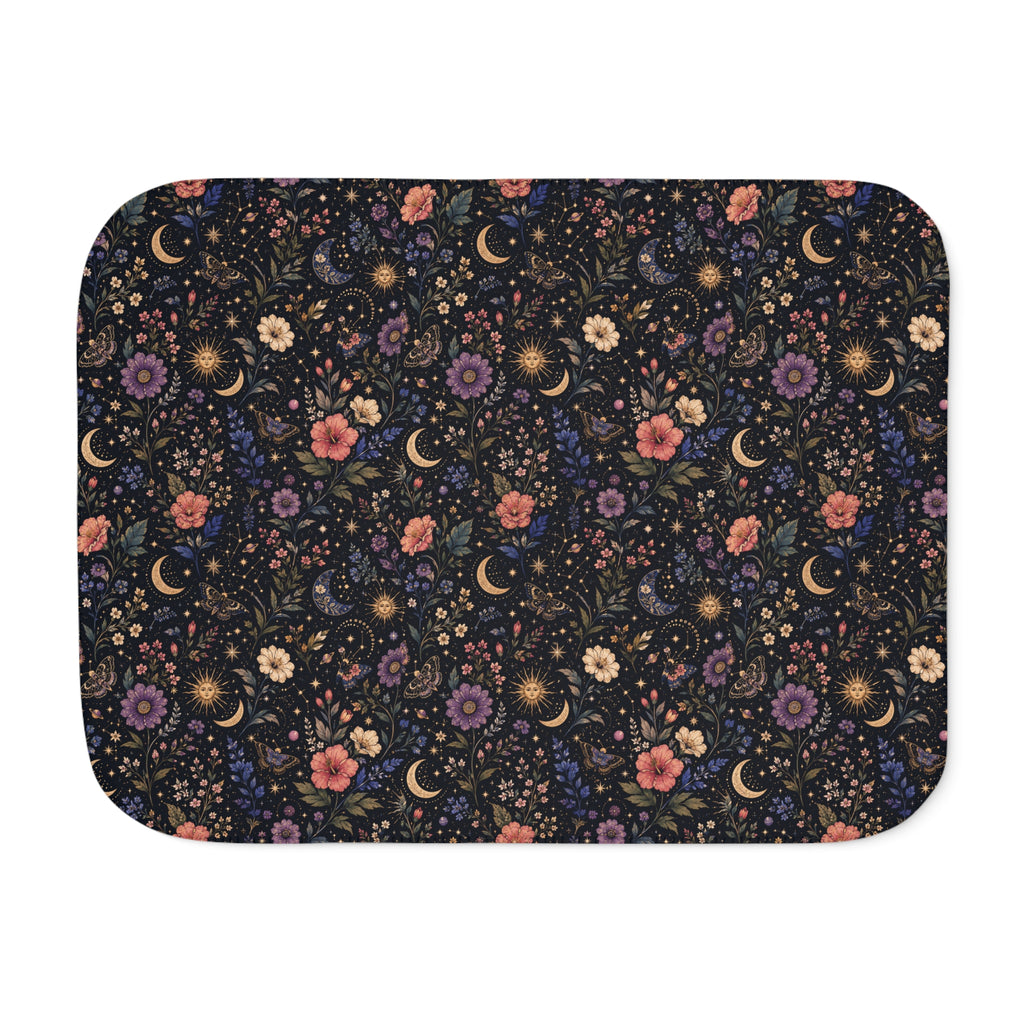 Celestial Floral Pattern Sherpa Blanket | Moon and Flowers | Grey White Tan